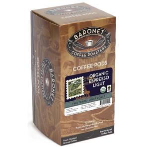 Baronet Coffee Organic ESE Espresso Pods - Espresso Light Roast - 120 Single Serve Pods - 7.2 Grams - Individually Wrapped for Freshness - Rich, Traditional Flavor