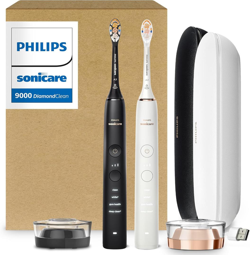 Philips Sonicare DiamondClean 9000 Electric Toothbrush - Sonic Toothbrush with App, Pressure Sensor, 12 Brushing Settings, Replacement Reminder, USB Charging Case, Black & Rose Gold, 2-Pack, HX9912/71 (Black and White)