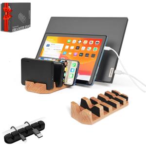 Oak Multi-Device Organizer with Cord Organizer and Anti-Scratch Pads Accessories Set  Vertical Stand for Laptops, Tablets, Phones, and External Hard Drives  Desk Station Dock for Home Office