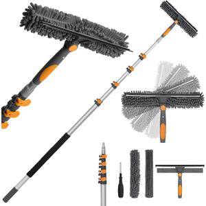 20Ft Window Squeegee with Extension Poles, 2-in-1 Window Cleaning Kit with Telescopic Pole, Extra-Large 14" Window Squeegee, Window Cleaner Tool with Adjustable Head, for High Window, Glass, RV