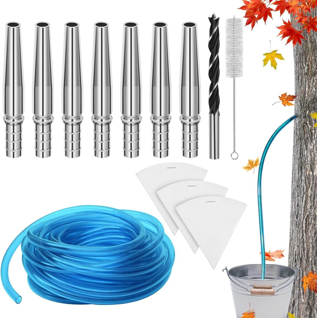 13Pcs Maple Syrup Tree Tapping Kit Include 7 Stainless Steel Maple Taps,22.9ft Maple Syrup Tubing,3 Maple Sap Filter,1 Cleaning Brush,1 Maple Tap Drill Bit for Maple Syrup Collection Supplies