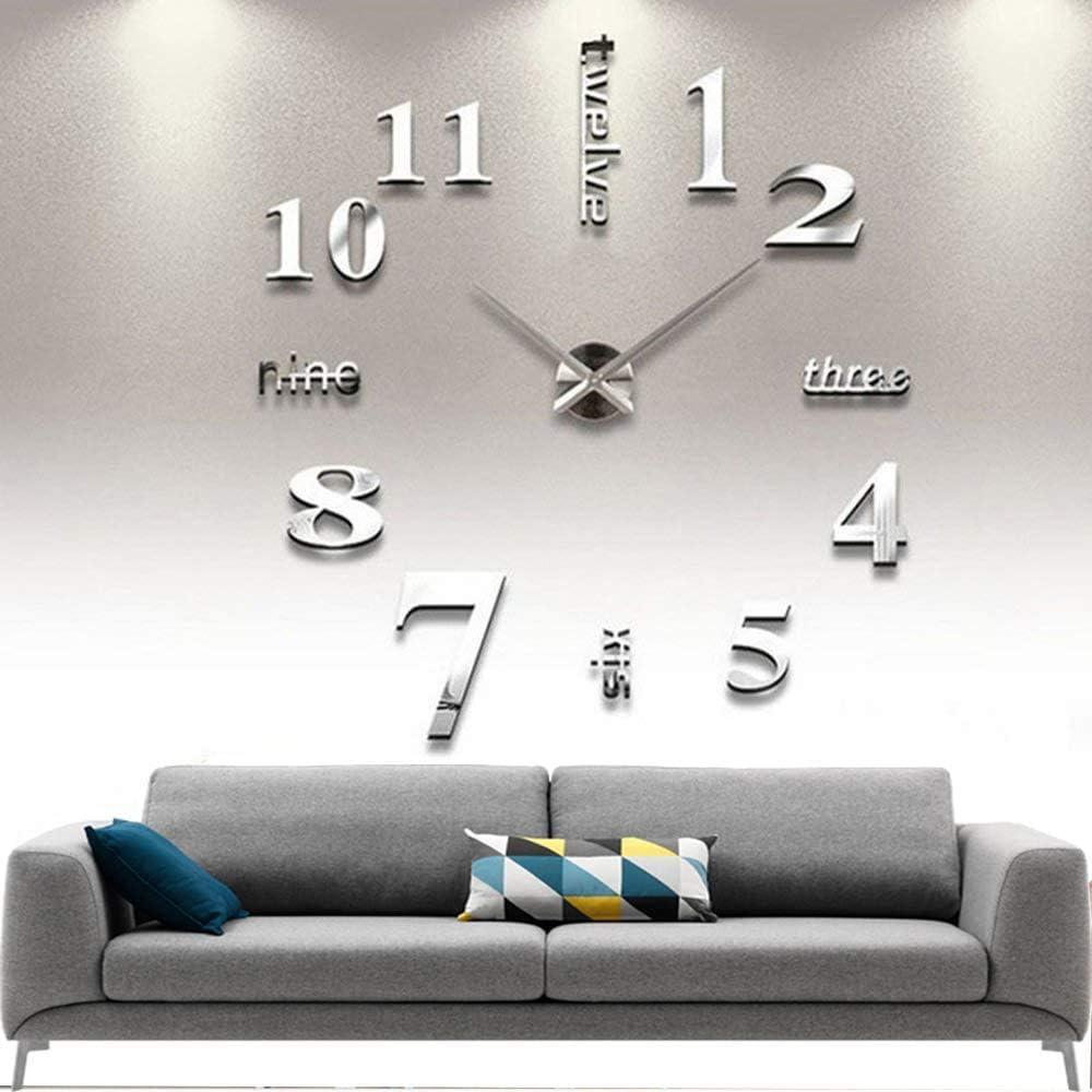 DIY Wall Clock Modern Large 3D Frameless Wall Clock Mirror Stickers Decor Home Office Living Room Bedroom Coffee Hall Bar Wall Decoration, Silver