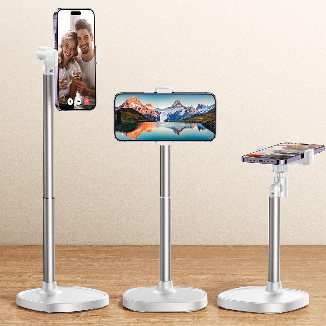 DIMONCOAT Adjustable Aluminum Alloy Cell Phone Stand - White, Universal Compatibility with 4-7 inch Devices, 180 Flip & 360 Rotation