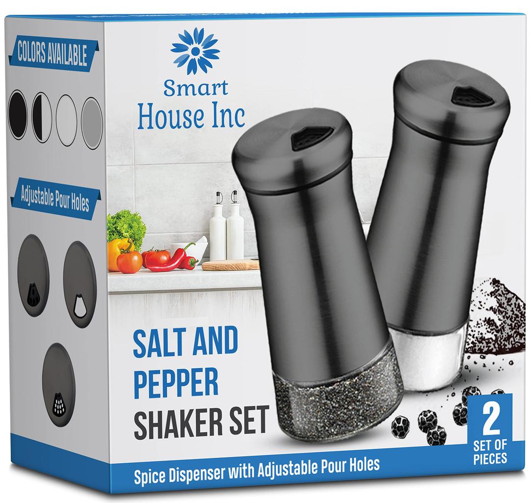 The Original Salt and Pepper Shakers Set - Black  - Spice Dispenser with Adjustable Pour Holes - Stainless Steel & Glass - Set of 2 Bottles