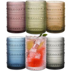 Colored Hobnail Drinking Glasses Set of 6, 15 oz Vintage Highball Glasses, Drinkware Kitchen Glasses for Cocktail, Iced Coffee, Beer, Ice Tea, Wine, Whiskey, Water