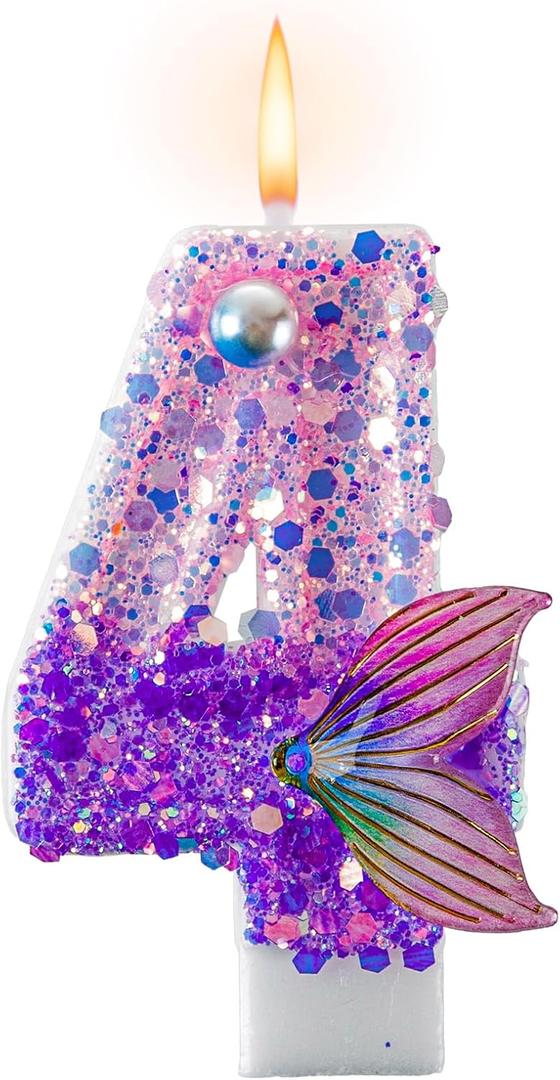 3 x Mermaid Themed Birthday Candles 4 for Anniversary Party Cake Decorations, Number 4 Girls Glitter Birthday Party Favors, 2.87 inch Cup Cake Topper Supplies