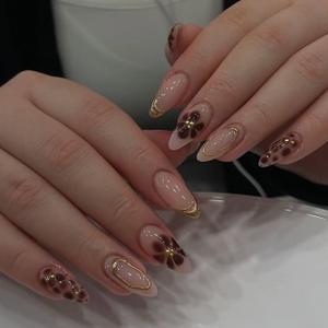 Almond Press on Nails Medium Fake Nails Flower Glossy False Nails 3D Gold Design Glue on Nails Artificial Nails Full Cover Stick on Nails for Women 24 Pcs Manicure
