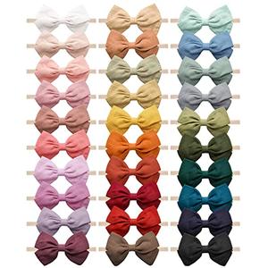 Jesries 28 Pcs Baby Headbands Girls Hair Bows Nylon Hairbands with Linen Bows Handmade Head Accessories for Infant Newborn Toddlers Kids