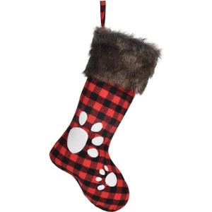 Christmas Stocking 2025 Ornaments, Handmade Dog Footprints Pattern Sock with Faux Fur, Xmas Winter Party Decorations Gifts, Santa Plush Decor, 20 inch, Red