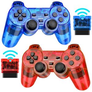 Hqeeun Wireless Controller for PS2, 2 Pack 2.4G Dual Vibration Gamepad Joystick Compatible for Play station 2, Ps-2 Game Remote with Wireless Receivers (Clear Red and Clear Blue)