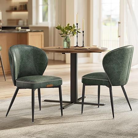 VASAGLE Dining Chairs Set of 2, Upholstered Kitchen Chairs | Synthetic Leather with Stitching, Mid-Century Modern, Easy Assembly, Living Room Lounge, Forest Green