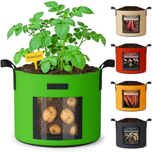 10 Gallon Potato Grow Bags: 5 Pack 350G Heavy Duty Thickened Grow Bags with Clear Harvest Window & Durable Handles - Felt Nonwoven Fabric Pots Planting Container for Plants Vegetable Flowers Herbs