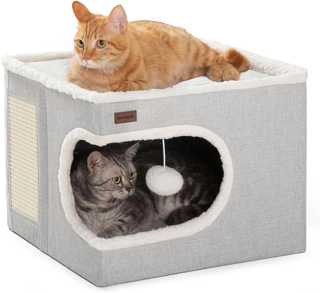 Cat Bed for Indoor Cats Cube House, Covered Cat Cave Beds & Furniture with Scratch Pad and Hideaway Tent, Cute Modern Cat Condo for Multi Small Pet Large Kitten Kitty, Grey (16.5"D x 16.5"W x 13"H)