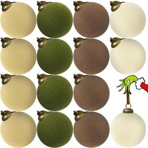 15 Pcs Velvet Christmas Balls, 3.15" Large Velvet Christmas Ornaments Balls, Plastic Shatterproof Flocked Ornaments for Xmas Tree Holiday Party Decorations (A - Green,Brown,Khaki,Cream White)