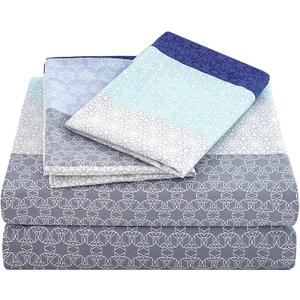 JSD Blue Striped Sheet Set Queen Size, 4 Piece Soft Printed Microfiber Sheet Set Extra Deep Pocket