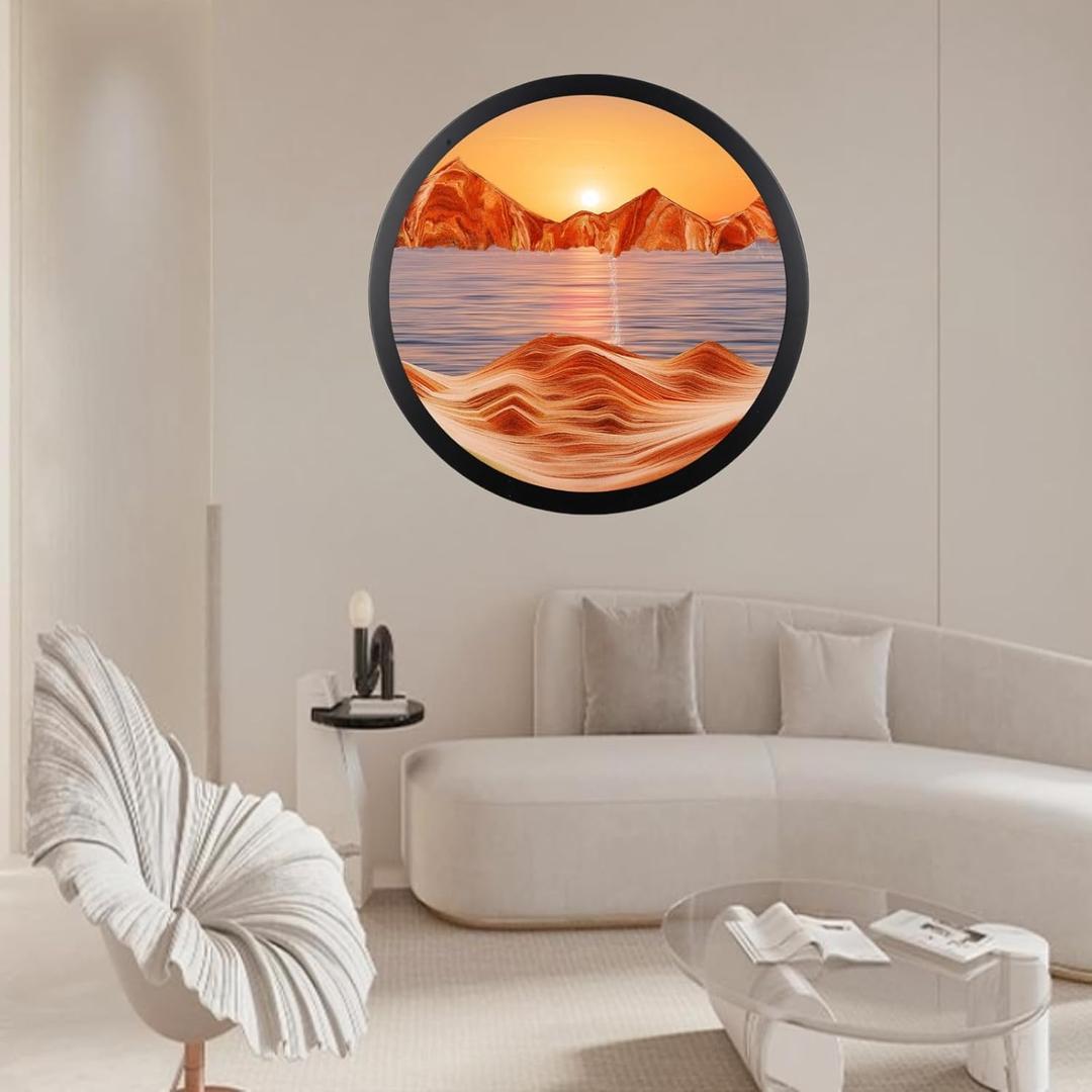 BGFJYUK 24" Moving Sand Art Dcor, Wall Mounted Sand Art Liquid Motion 3D Dynamic Sculpture,360Rotate Wall Art Deep Sea Sandscape,Glass Crafts Solid Wood Frame,Relaxing Quicksand Dcor (Orange)