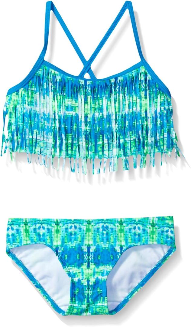 Kanu Surf Kelly Girls' Bikini Beach Sport Fringe 2-Piece Girls' Swimsuit (14, Kayla Blue/Green Tie-dye)