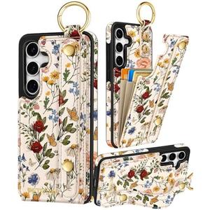 Petitian for Samsung Galaxy A35 5G Case with Wallet - Women Girls Cute Girly Aesthetic Unique Design Leather Credit Card Holder Cardholder Stand Wristband for Galaxy A35 5G, Vin Flower