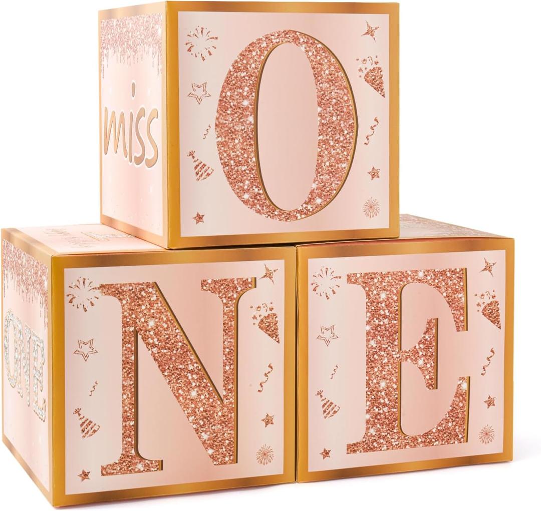 3Pcs 1st Birthday Party Decorations Boxes for Girls - Pink Rose Gold Happy 1st Birthday Balloons Boxes,Sixteen Year Old Party Supplies for Girls