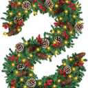Christmas Garland, 12FT Prelit Christmas Garland with 100 LED Lights, Greenery Xmas Garland with 20 Pine Cones 90 Red Berry Christmas Decoration for Indoor Outdoor Home Mantel Fireplace