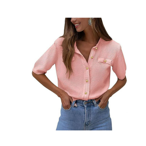 Women's Summer Button Down Shirts Casual Short Sleeve Crew Neck Ribbed Knit Blouse Top Cardigans, Size Large, Pink