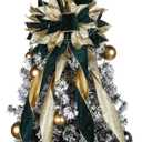 Willbond Velvet Christmas Tree Topper Bow 11.8 x 44.5 Inches Large Christmas Bow with Gold Glitter Streamer and Light String for Xmas Tree Christmas Home Decoration (Green)