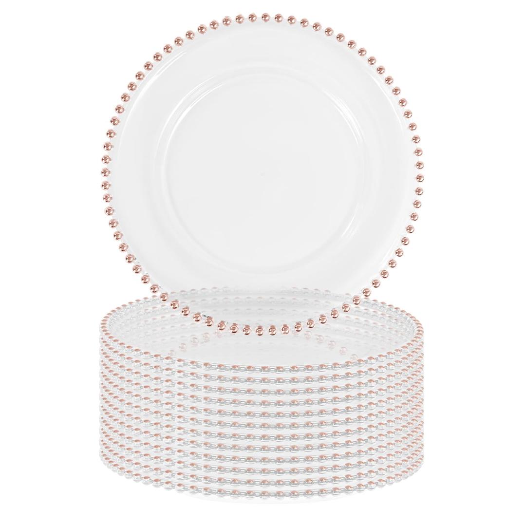 FXKS 24 PCS Clear Round Charger Plates with Beaded Rim, 13 Inch Plastic Acrylic Plate, Plastic Round Beaded Dinner Decorative Service Plates for Wedding Party Event, Home Kitchen Tabletop(Pink)