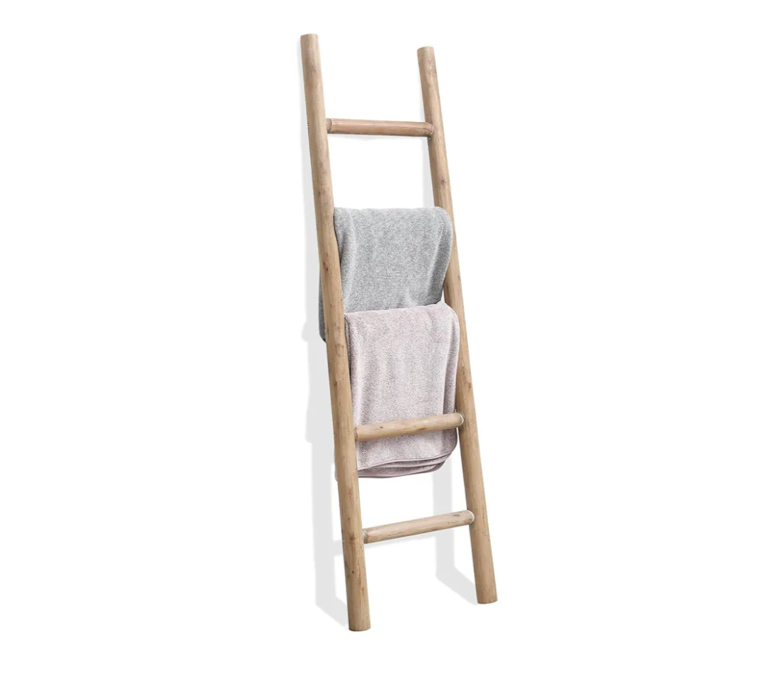 FUIN 57in Wood Blanket Ladder Living Room Decorative Wall Leaning Farmhouse Quilt Display Holder Rustic Wooden Towel Rack for Bathroom, Brown
