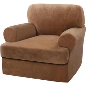 H.VERSAILTEX Sofa Cover 2 Piece T Cushion Armchair Slipcovers Thick Velvet Couch Cover Furniture Protector Stretch T Cushion Sofa Covers for 1 Cushion Couch with 1 Individual T Cushion Covers, Camel