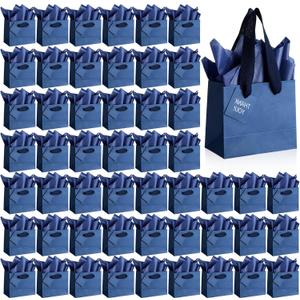 Qilery 50 Pcs Wedding Mini Paper Gift Bags Bulk with Tissue Paper Small Gift Bags with Handle and Tags for Birthday Graduation Summer Party Business (Blue, 4.7 x 2.4 x 3.9'')
