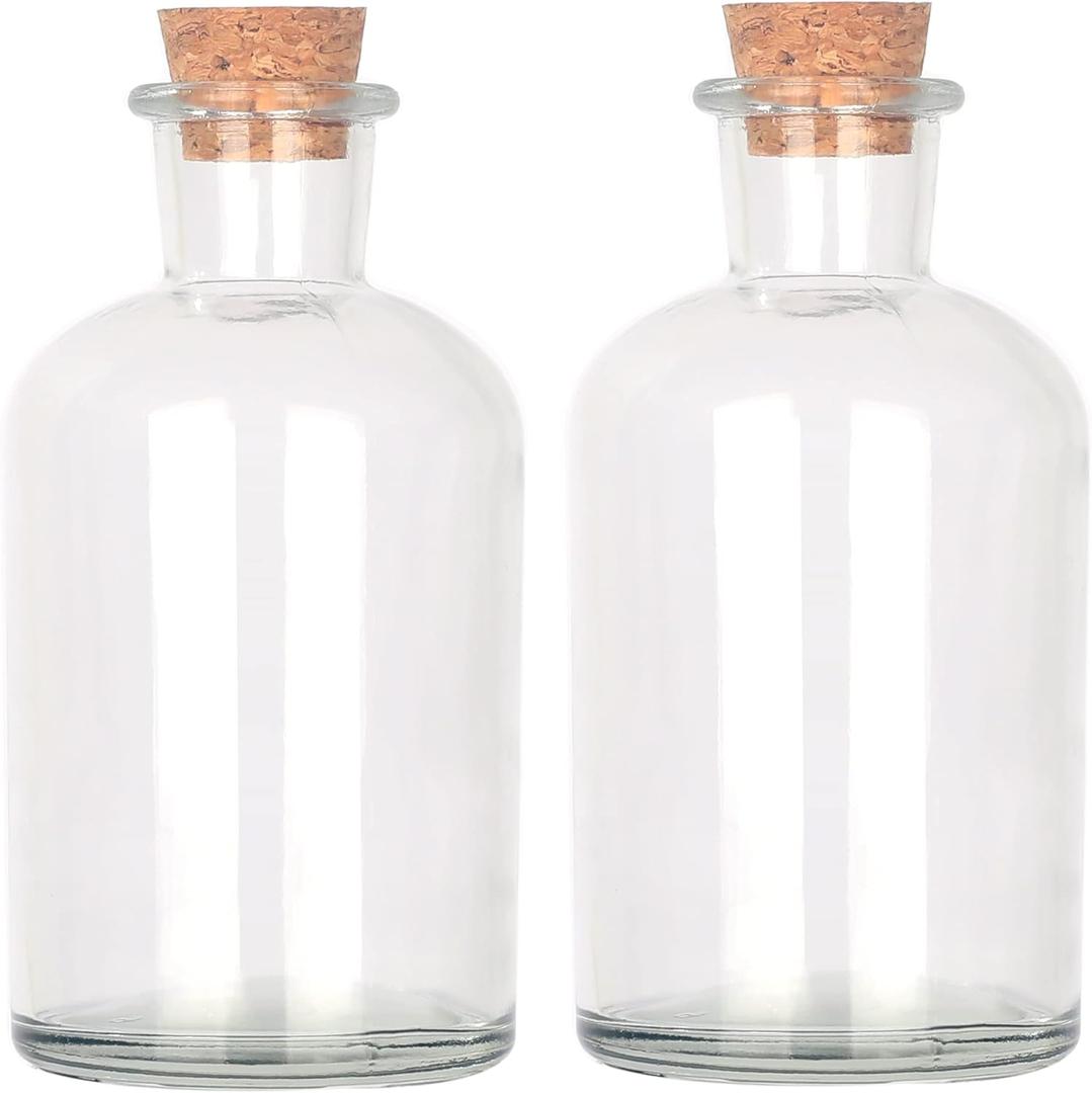 Magic Season Decorative Glass Bottles with Cork Stoppers (8.5 fl oz. Round Bottles / 2 Pcs)