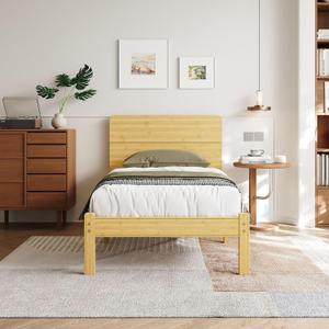 14 Inch Solid Bamboo Wood Twin Size Bed Frame with Headboard | Metal Slats, No Box Spring Needed, Easy Assembly, Noise-Free, Made of Natural Solid Bamboo
