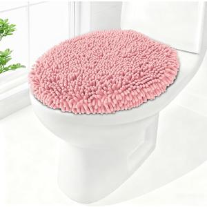 Soft Chenille Toilet Lid Cover 19.5L x 18.5W Machine Washable Toilet Seat Cover Adjustable Rubber Backing Fits Most Round Elongated and Oblong Lids (Light Pink)