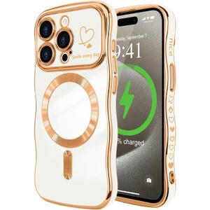 LCHULLE for iPhone 15 Pro Max Case for Women Girls [Compatible with MagSafe] Cute Curly Wave Shape, Magnetic Love Heart Pattern with Camera Lens Cover Luxury Plating Shockproof Phone Case, White
