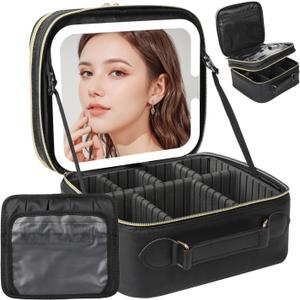 Travel Makeup Bag with LED Mirror Double Layer, Detachable Vanity Mirror with Lights, Tri-light Dimmable, Makeup Case with Adjustable Dividers and Brush Holder Cosmetic Organizer Storage Box (Black)