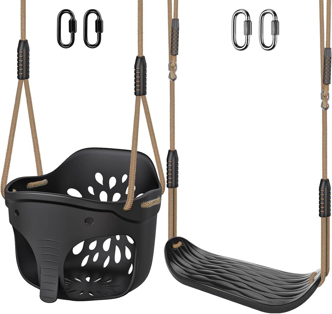 SELEWARE Black Toddler Swing Set - Heavy-Duty High Back Full Bucket Toddler Swing Seat & Kids Tree Swing with Adjustable Ropes, Backyard Playground Swing Set Accessories for Kids, Indoor/Outdoor Use