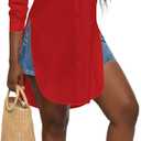 LYANER Women's Collar Neck Long Sleeve Button Down Shirts Sexy Split Hem Tops Long Blouse Shirt Dress (XX-Large, Red)