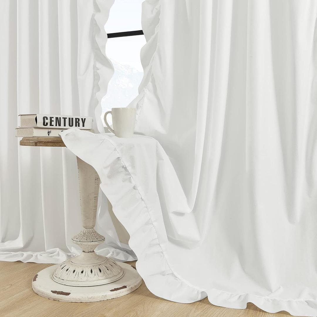 FOLKSIDE White Ruffle Curtains 84 Inches Long 2 Panels for Living Room Bedroom Suede Fabric Romantic Rod Pocket Light Filtering Window Curtains for Girls Kids Nursery Room Drapes Decor, 52x84