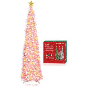 MACTING Pink Christmas Tinsel Tree with Lights, Easy-Assembly Glittery 5ft Pop up Christmas Tree for Holiday Party Winter Xmas Decorations