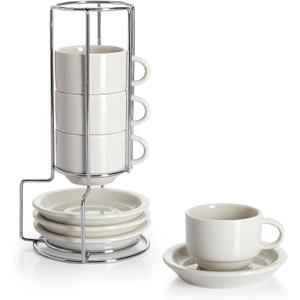 Sweese Porcelain Espresso Cups Set, 2.5 oz, with Saucers, Metal Stand, Stackable - Dove Grey, 4 Pack