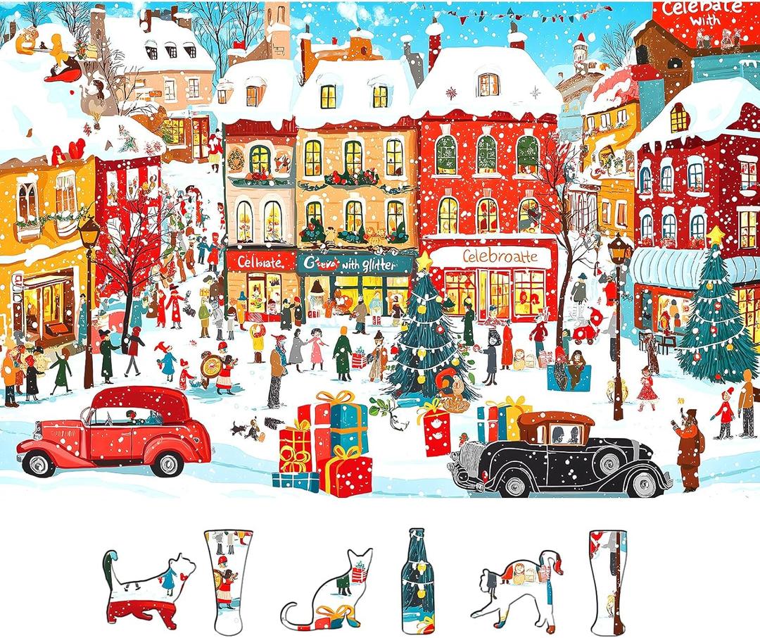 Vintage Christmas Town Jigsaw Puzzles for Adults 500 Pieces Winter Holiday Scene with Classic Cars, Festive Shoppers, Decorated Tree & Snowy Streets - Family Challenge Puzzle 23"x15"