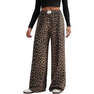 GORGLITTER Women's Leopard Cheetah Print Pants Wide Leg Elastic High Waisted Baggy Sweatpants Brown Medium
