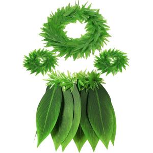 Skylety Hawaiian Leaf Hula Skirt and Leis Set Include Tropical Headband Fern Leaf Wristlet Green Grass Hula Skirt for Hawaiian Costume Halloween Luau Party Supplies for Adult Women