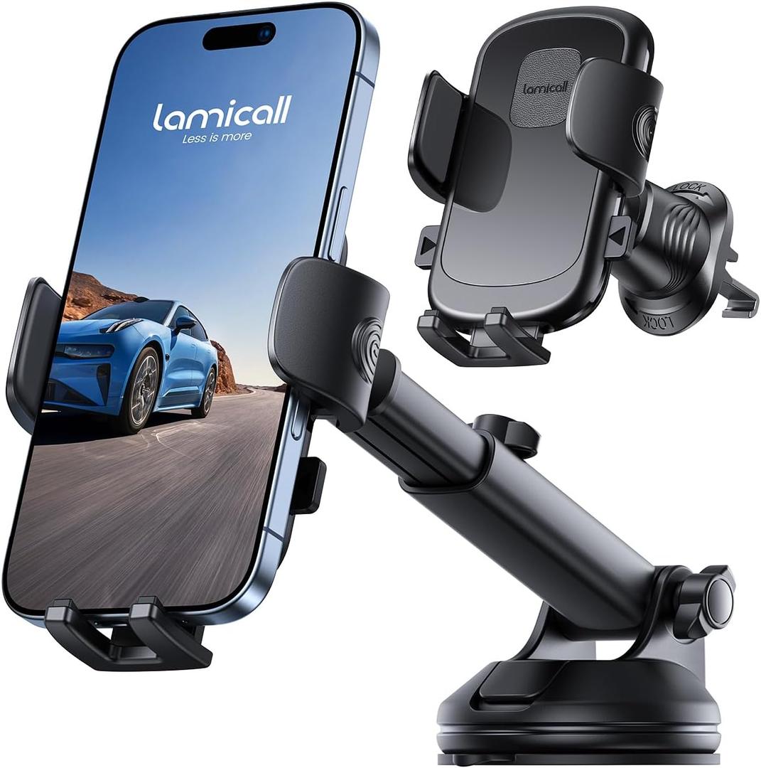 Lamicall Phone Mount for Car [3-in-1 Military-Grade Suction Cup] 360 Rotation Phone Holders for Your Car [Metal Hook] Cell Phone Car Mount Dashboard Vent Windshield All Smartphone LeatherGrain