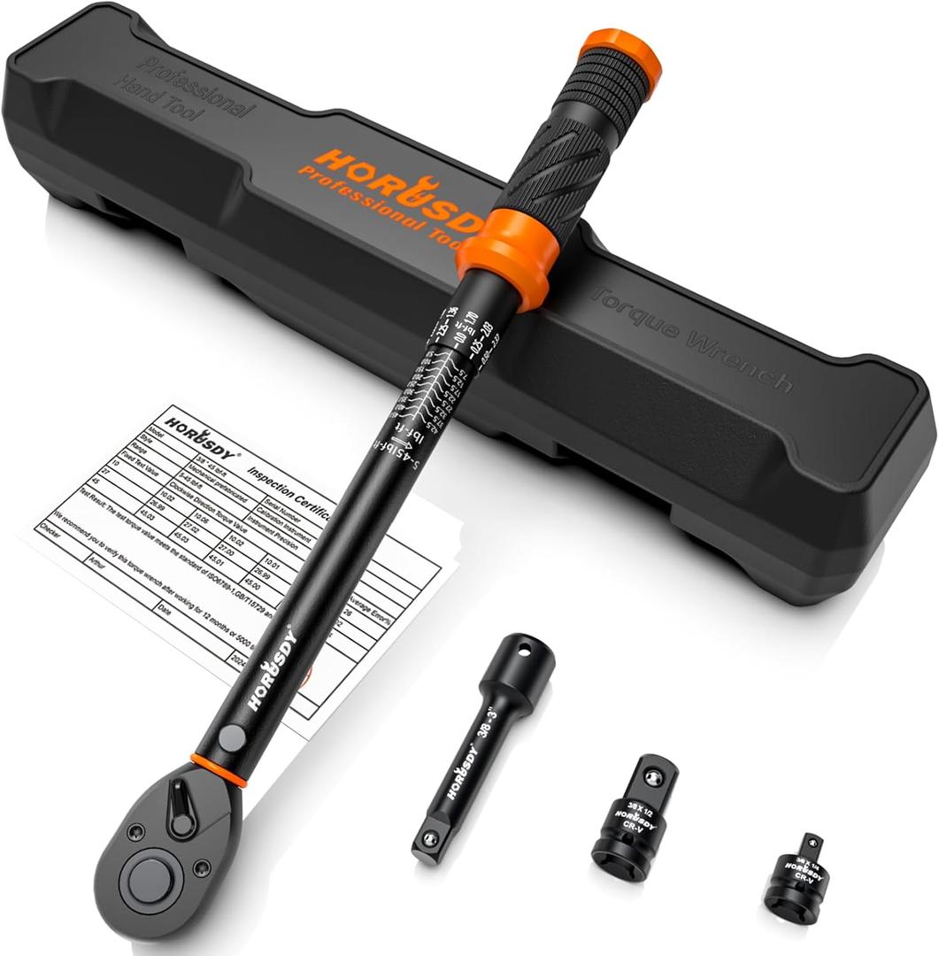HORUSDY 3/8" 5PCS Torque Wrench Set(545 ft-lb/ 6.861 Nm)  Torque Wrench 3/8 Drive with 3" Extension, 3/8" to 1/4" & 3/8" to 1/2" Adapters, Case for Bike, Car, Moto & Other Repair HORUSDY 3/8" 5PCS Torque Wrench Set(545 ft-lb/ 6.861 Nm)  Torque Wrench 3/8 Drive with 3" Extension, 3/8" to 1/4" & 3/8" to 1/2" Adapters, Case for Bike, Car, Moto & Other Repair