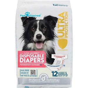 Paw Inspired Disposable Dog Diapers | Female Dog Diapers Ultra Protection | Diapers for Dogs in Heat, Excitable Urination, or Incontinence (12&144 Count) (Large (12 Count))