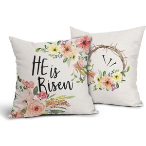 He is Risen Easter Religious Pillow Covers 16x16 Inches Colorful Flowers Throw Pillow Case Set of 2 Easter Spring Pillow Cover Cotton Linen Cushion Cover for Home Couch Sofa Bedroom Livingroom