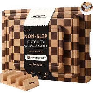 Nomsters 3 Packs Cutting Boards for Kitchen Checkered Cutting Board Acacia Wood Charcuterie Board Serving Heavy Duty Non Toxic Slip Butcher Block Wood Chopping Board with Juice Grooves Handles