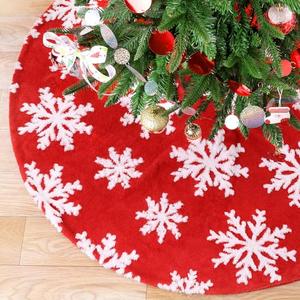 Chrisrmas Tree Skirt 60 Inches Faux Fur Red Tree Skirt with White Snowflakes Rustic Xmas Holiday Decoration