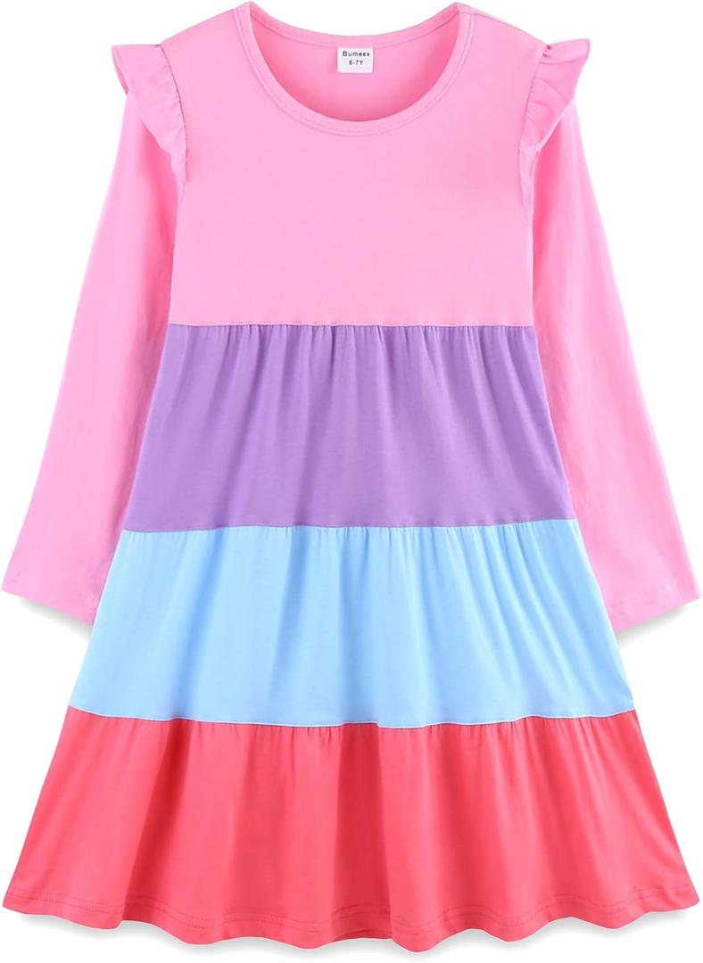 Bumeex Girl's Dresses Cotton Ruffle Sleeve Tiered Swing A-Line Cute Midi Casual Sundress (5T, #Pink)